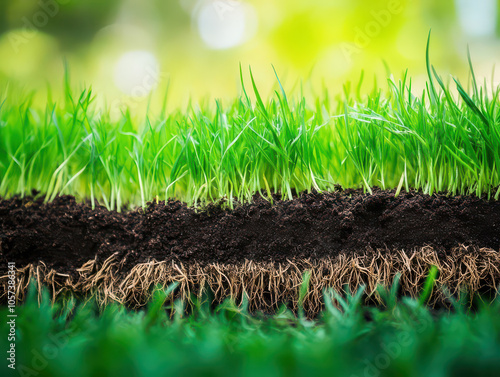Close-up of vibrant green grass and healthy roots beneath rich soil.