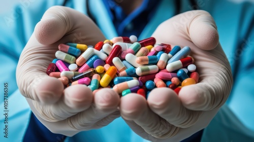 Hands in gloves holding assorted colorful pills and capsules. Medical and pharmaceutical concept