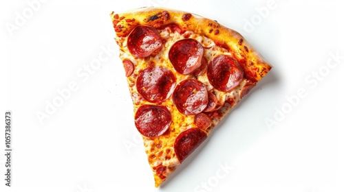 Pepperoni pizza slice isolated on white background, top view. Italian cuisine and fast food concept.