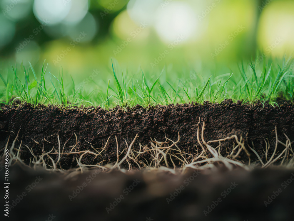 Close-up of soil cross-section revealing intricate root system beneath vibrant green grass in a natural setting. Close-up of soil cross-section revealing intricate root system beneath vibrant green grass in a natural setting.
