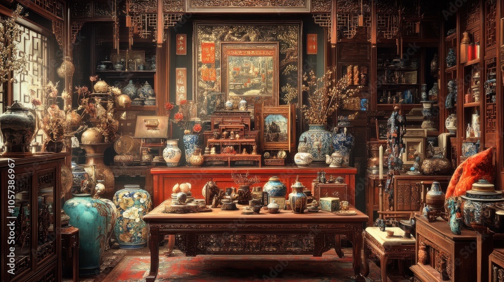 Intricate poster of a Chinese-style interior, packed with vintage Intricate poster of a Chinese-style interior, packed with vintage
