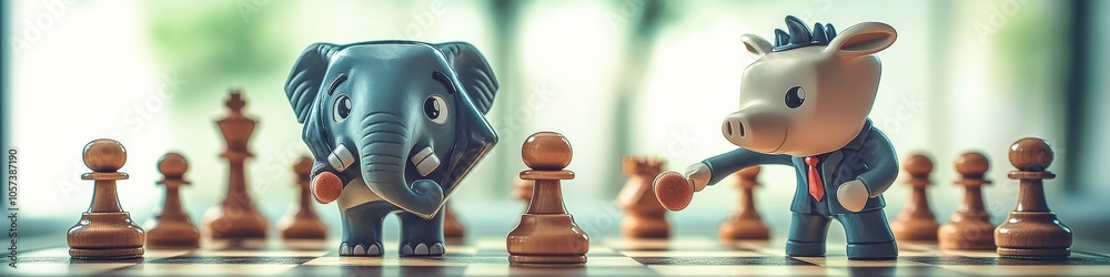 Cute Elephant and Pig in Suits Playing Chess Game in Bright Room - Adorable Animal Chess Match Captures Strategy, Fun, and Whimsy in Artistic Display Cute Elephant and Pig in Suits Playing Chess Game in Bright Room - Adorable Animal Chess Match Captures Strategy, Fun, and Whimsy in Artistic Display
