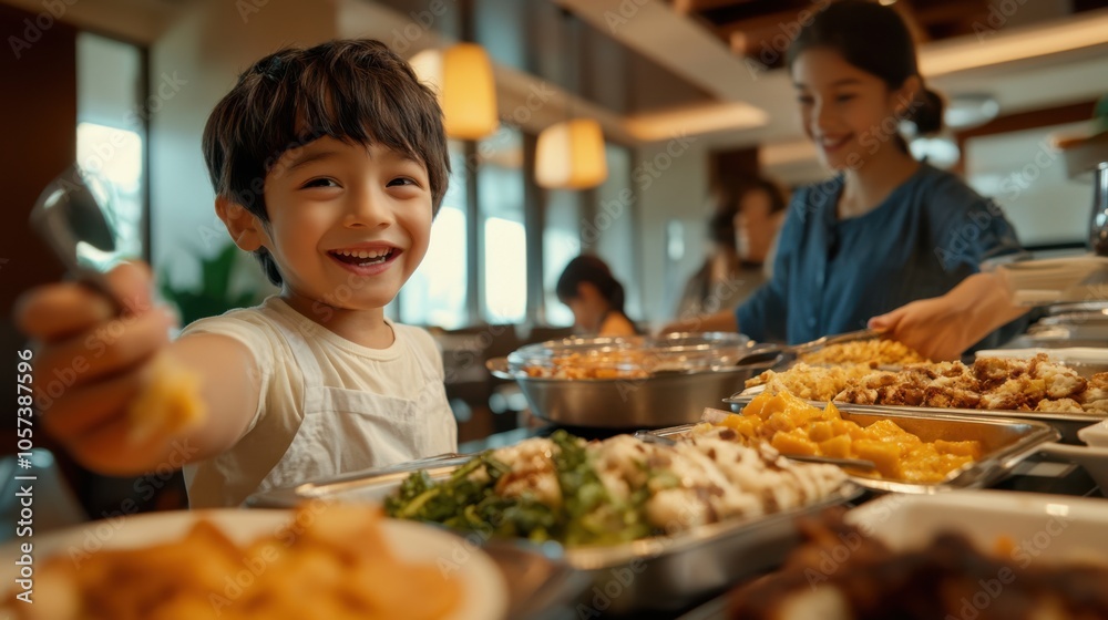 Joyful children selecting their breakfast at a hotel buffet, Joyful children selecting their breakfast at a hotel buffet,