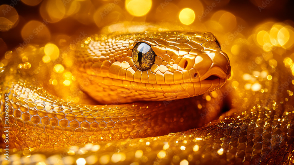 Fantasy glittering golden snake head close-up Fantasy glittering golden snake head close-up