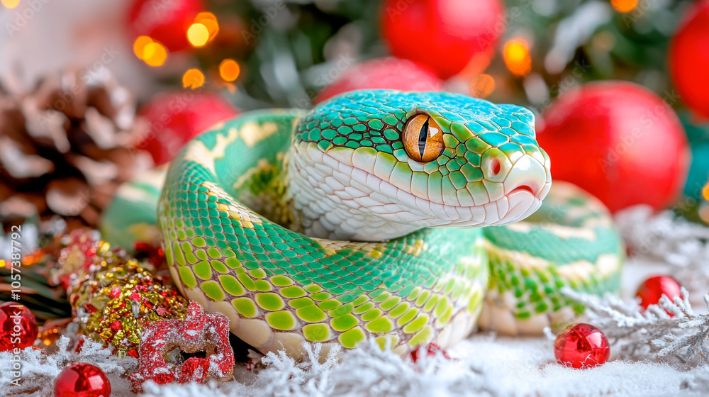 Green snake in Christmas festive surroundings with red baubles Green snake in Christmas festive surroundings with red baubles
