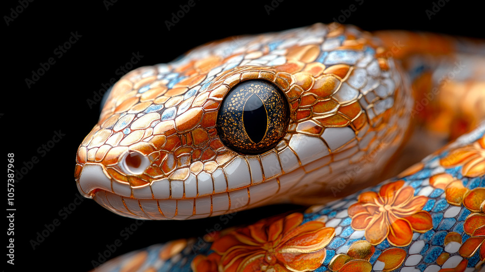 Snake with flowers on its skin, dark background Snake with flowers on its skin, dark background