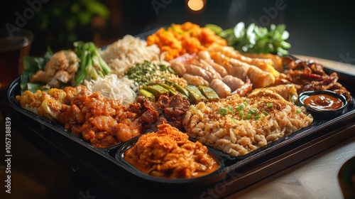 Khantoke tray overflowing with colorful and appetizing Northern Thai food, photo