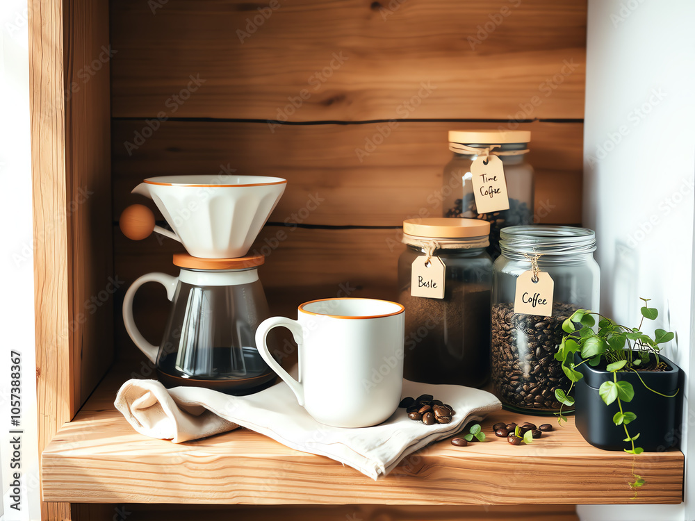 shelf showcasing an assortment of coffee accessories, including cups, grinders, and storage containers shelf showcasing an assortment of coffee accessories, including cups, grinders, and storage containers