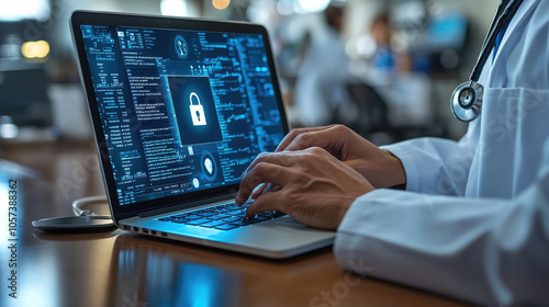 A healthcare worker types on a laptop, emphasizing cybersecurity practices in a medical environment to ensure data safety for patients