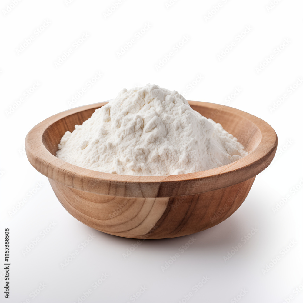 White Flour in Wooden Bowl Isolated on White Background White Flour in Wooden Bowl Isolated on White Background