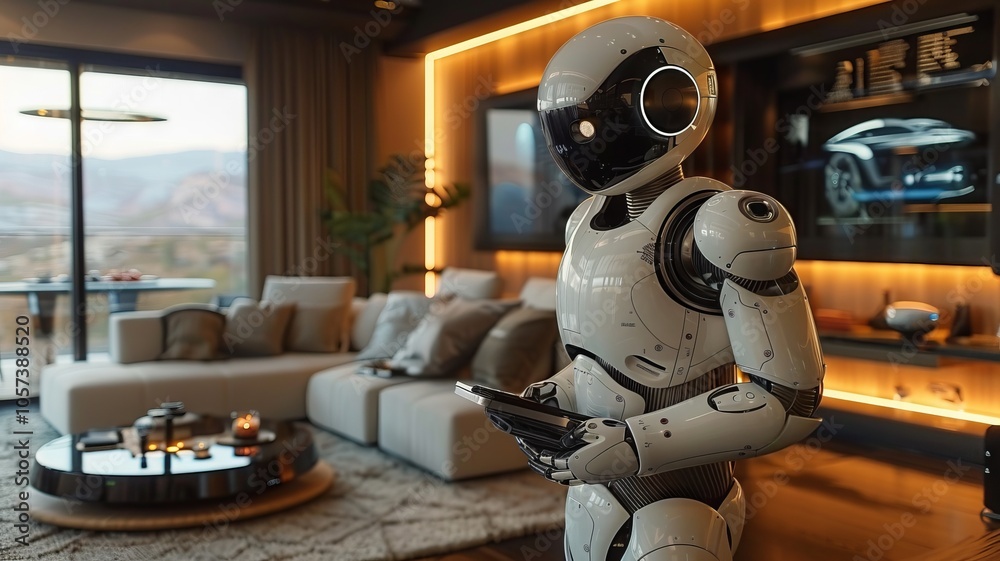 Fototapeta premium Futuristic Robot in Modern Living Room - AI and Smart Home Technology