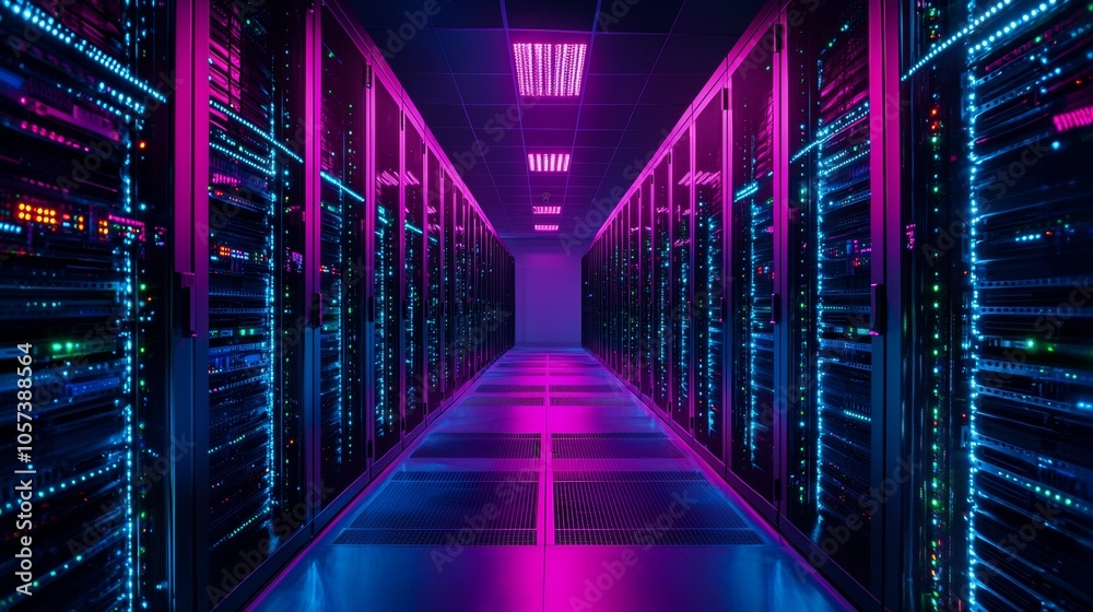High-tech data center with neon pink and blue lighting High-tech data center with neon pink and blue lighting