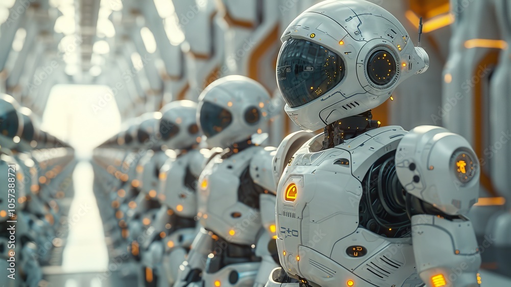 Fototapeta premium Futuristic Robots: A Line of Advanced Androids in a Sci-Fi Setting