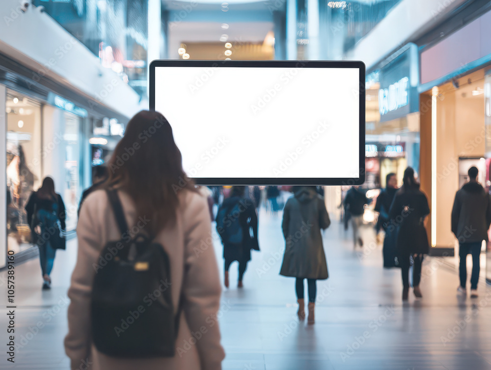 Woman in a busy shopping mall standing near a large blank digital screen. Woman in a busy shopping mall standing near a large blank digital screen.