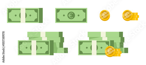 Euro Set Stacks of Cash and Gold Coins in Simple Vector Style. Vector Set of EURO Stacks of Cash and Gold Coins.