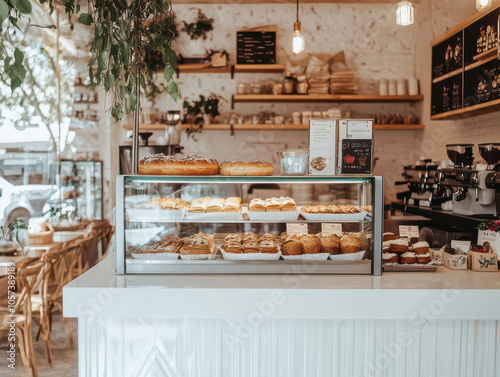 Cozy bakery with assorted pastries displayed on a sleek white counter under warm lighting.