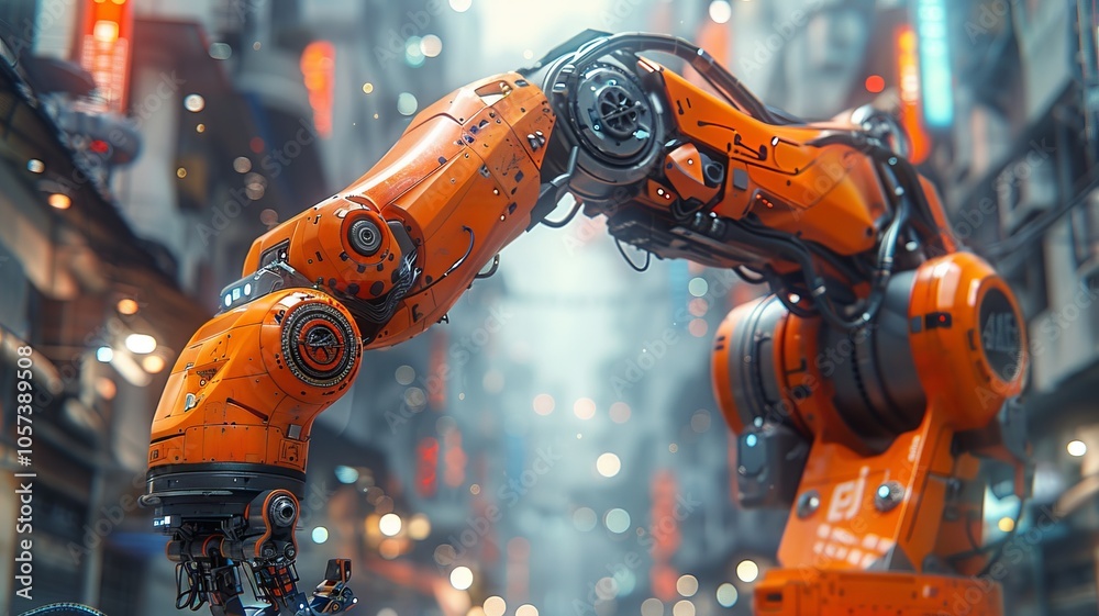 Futuristic Robotic Arm in a Cyberpunk City