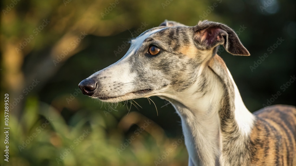 Portrait of a Whippet Dog in High Depth of Field with Stunning Background Details for Pet Lovers and Portrait of a Whippet Dog in High Depth of Field with Stunning Background Details for Pet Lovers and