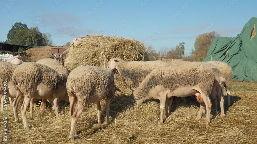 A flock of purebred French Lacaune dairy sheep and ewes with livestock tags eat hay from a bale on a rural pasture. Feeding livestock on the farm. Breeding sheep in agriculture for milk production. A flock of purebred French Lacaune dairy sheep and ewes with livestock tags eat hay from a bale on a rural pasture. Feeding livestock on the farm. Breeding sheep in agriculture for milk production.