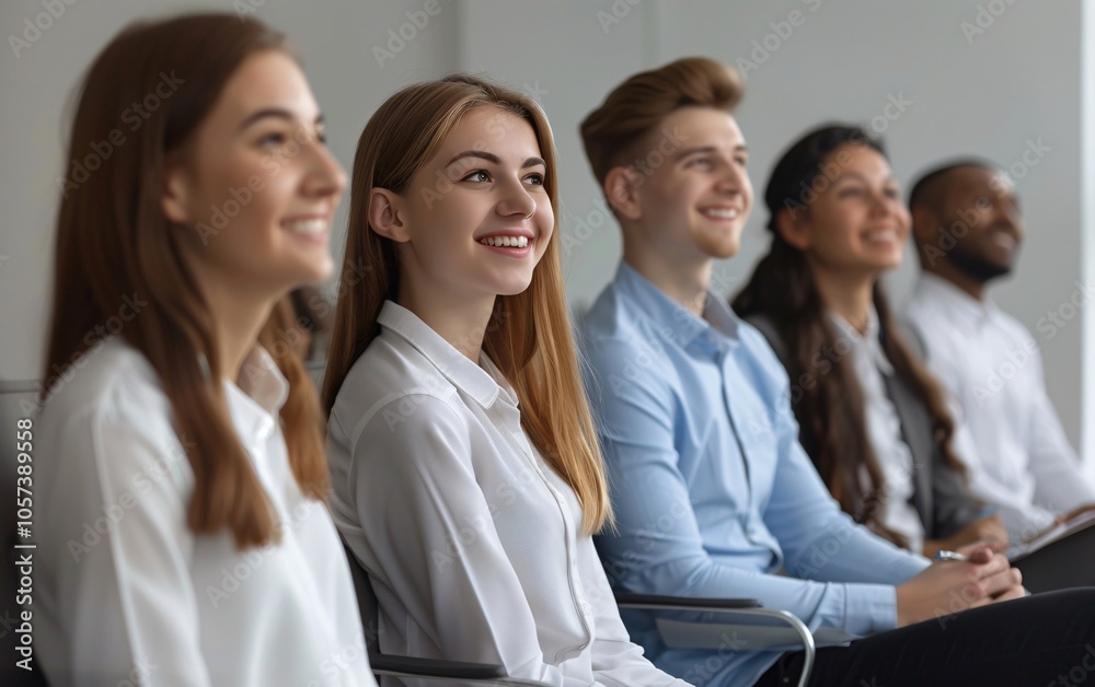 Group of smiling young business people sitting in a row