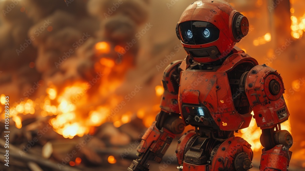 Futuristic Robot Amidst Fire and Destruction Futuristic Robot Amidst Fire and Destruction