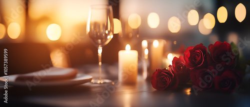 romantic table setting with plate, roses, hearts, candles and wine glasses; concept of festive meal: wedding dinner, valentine's day supper, etc photo