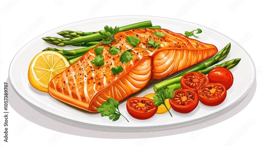 Grilled salmon beautifully arranged on a plate, accompanied by asparagus and cherry tomatoes, garnished with fresh herbs, and a lemon slice, all on a clean white background. Grilled salmon beautifully arranged on a plate, accompanied by asparagus and cherry tomatoes, garnished with fresh herbs, and a lemon slice, all on a clean white background.