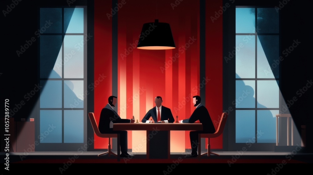 Three men in business meeting at table with large red background and overhead light. Three men in business meeting at table with large red background and overhead light.