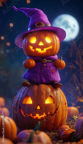 Charming Pixar-style Pumpkin Character Under the Full Moon - AI generated illustration