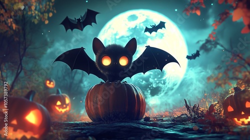 Cute Bat Silhouette with Glowing Eyes in a Spooky Halloween Scene - AI generated illustration.