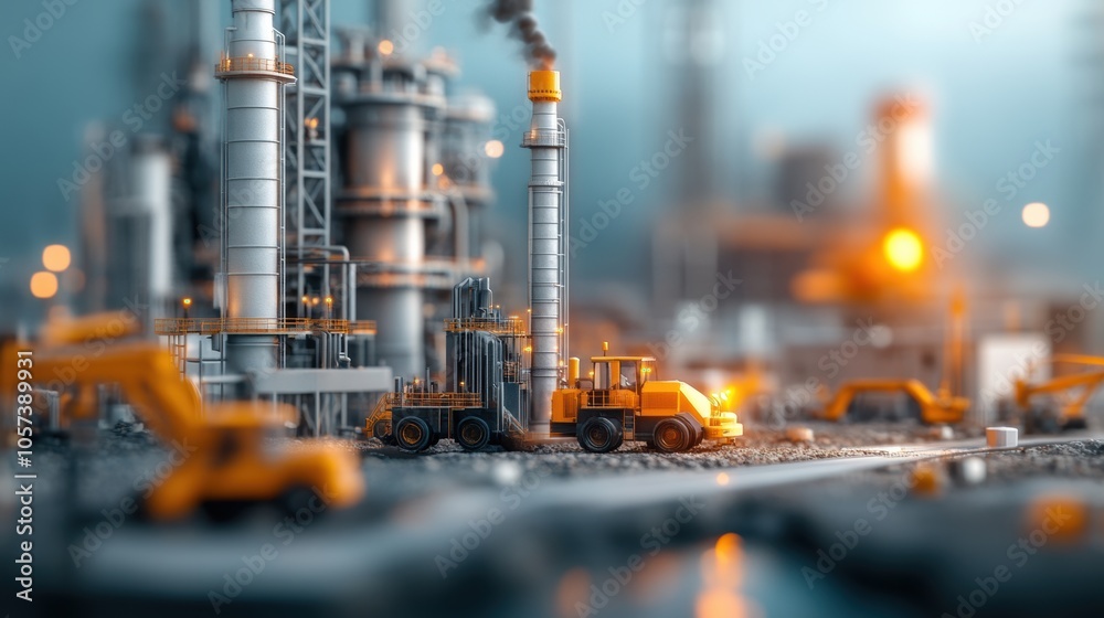 Industrial factory with machinery and smoke in blue and orange lighting. Manufacturing and production concept. Industrial factory with machinery and smoke in blue and orange lighting. Manufacturing and production concept.