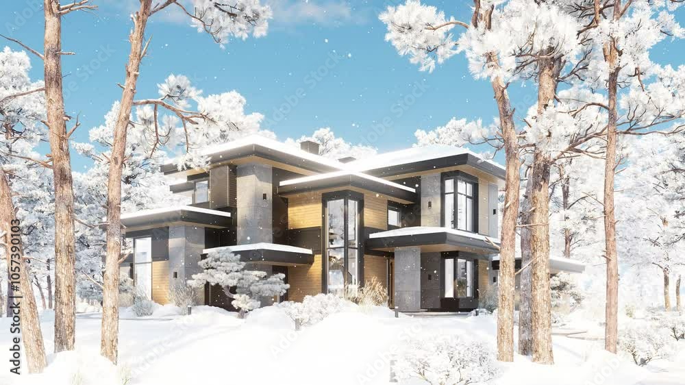 4K video rendering of modern two story house with gray and wood accents, large windows for sale or rent in luxurious style. Cool winter day with shiny white snow 4K video rendering of modern two story house with gray and wood accents, large windows for sale or rent in luxurious style. Cool winter day with shiny white snow