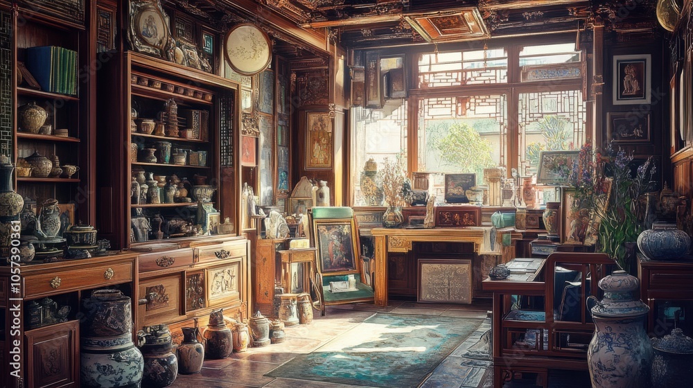 Ornate poster depicting the interior of a traditional Chinese home,