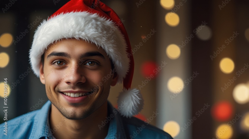 Man wearing a Santa hat smiling at the camera Man wearing a Santa hat smiling at the camera