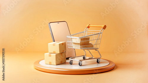 Parcel box floated from the shopping cart in front of the smartphone and all floating on a round podium
