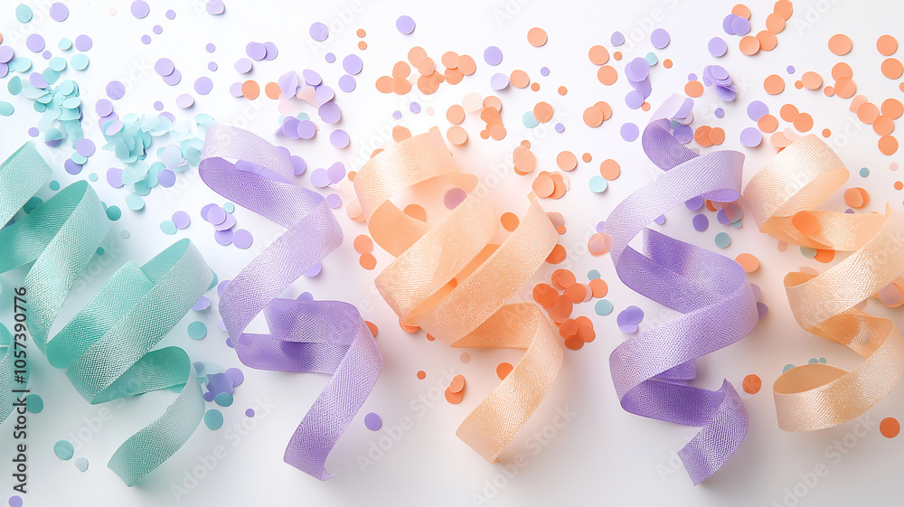 Naklejka premium Colorful confetti and ribbons create festive atmosphere, featuring shades of peach, lavender, and mint. Perfect for celebrations and joyful occasions