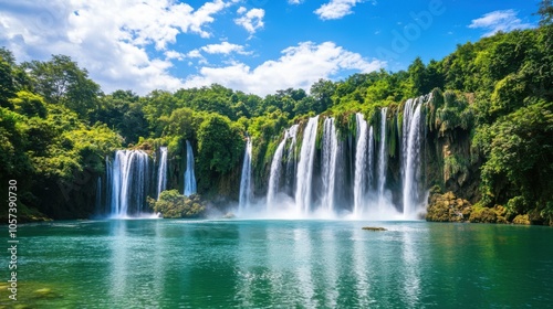 Picturesque limestone waterfall, with cascading water, surrounded