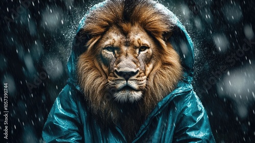 Powerful lion king dressed in a rain jacket, exuding strength and majesty midst a captivating backdrop, creates a stunning image with ample copy space for your needs.