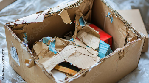 Dented and Torn Cardboard Shipping Box photo