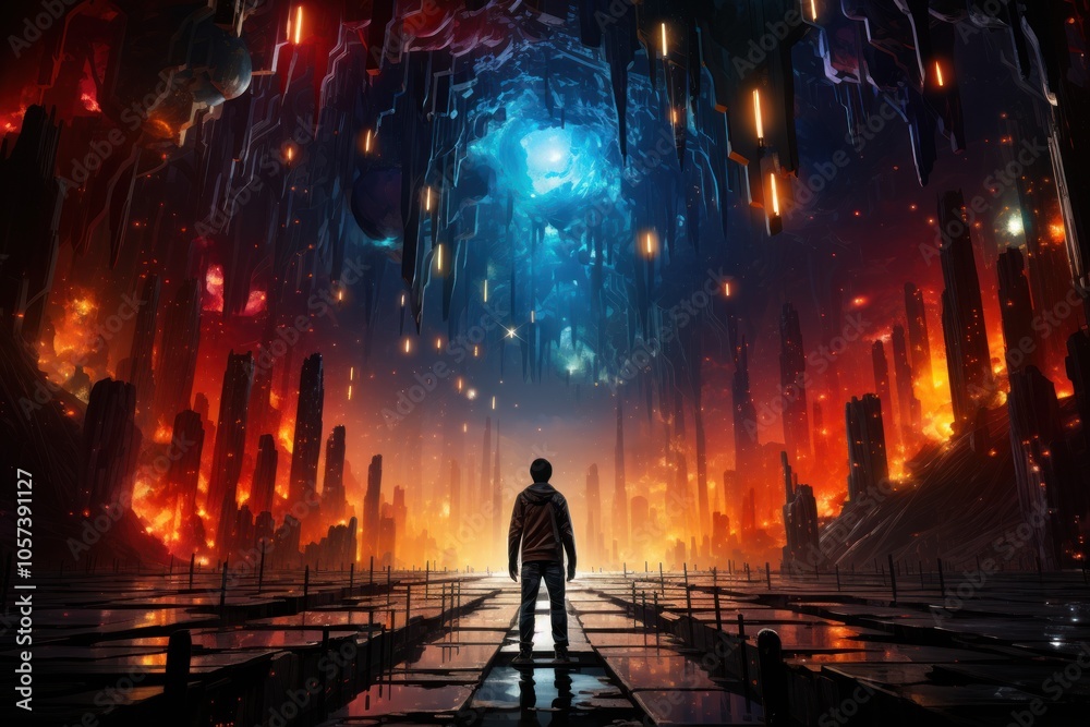A figure stands in a surreal landscape of vibrant colors and towering structures. A figure stands in a surreal landscape of vibrant colors and towering structures.