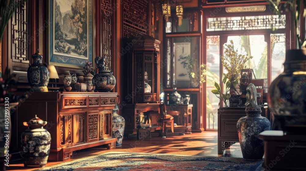 Poster of a Chinese house interior, featuring a room filled with Poster of a Chinese house interior, featuring a room filled with