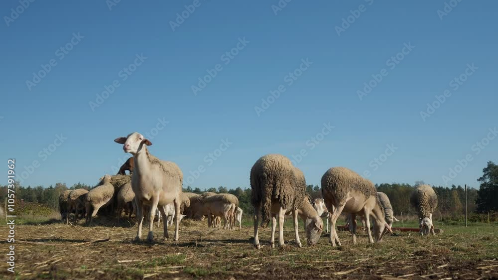 Purebred French Lacaune dairy sheep and ewes with livestock tags nibbling and eating grass on a rural pasture. Breeding sheep in agriculture for milk. Grazing and feeding livestock on the farm. Purebred French Lacaune dairy sheep and ewes with livestock tags nibbling and eating grass on a rural pasture. Breeding sheep in agriculture for milk. Grazing and feeding livestock on the farm.