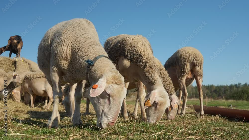 A flock of purebred French Lacaune dairy sheep, ewes and ram with livestock tags nibbling grass in a pasture. Breeding sheep in agriculture for milk that is used in Brie cheese production. A flock of purebred French Lacaune dairy sheep, ewes and ram with livestock tags nibbling grass in a pasture. Breeding sheep in agriculture for milk that is used in Brie cheese production.
