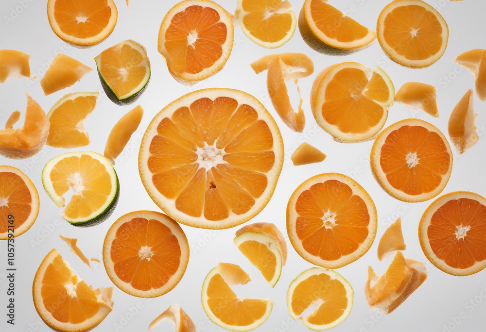 Flat view of citrus tropical fruit with orange flesh and slice pieces isolated on white background Flat view of citrus tropical fruit with orange flesh and slice pieces isolated on white background