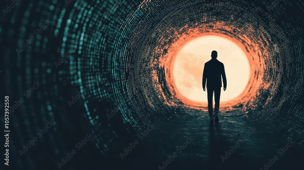 Person walking through a tunnel of encrypted data, representing secure digital transactions, privacy Person walking through a tunnel of encrypted data, representing secure digital transactions, privacy