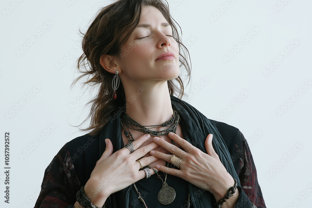 A woman performing deep breathing exercises, eyes closed, expressing tranquility and mindfulness. She wears layered jewelry and relaxed outfit, embodying peace and self awareness