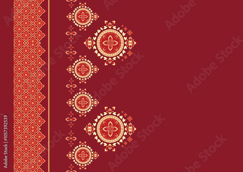 African boho red border floral pattern, gold ikat floral pattern, Indian native ikat floral pattern, ethnic pattern, Indian floral border, seamless aztec pattern.