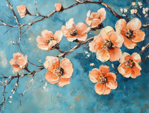 Vibrant painting of orange flowers on branches against a textured blue background.