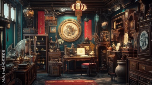 Richly detailed poster of a Chinese-style room, showcasing an array