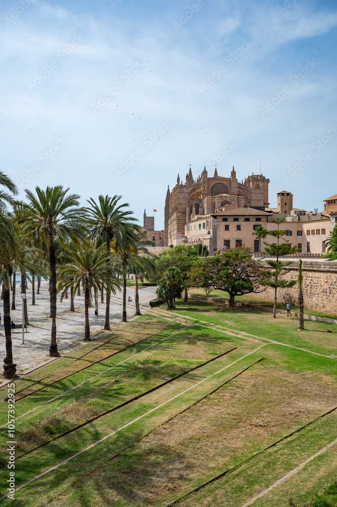 Fototapeta premium Cathedral of Santa Maria of Palma, La Seu wide angle shot with park in front, vertical shot, Palma de Mallorca, Spain